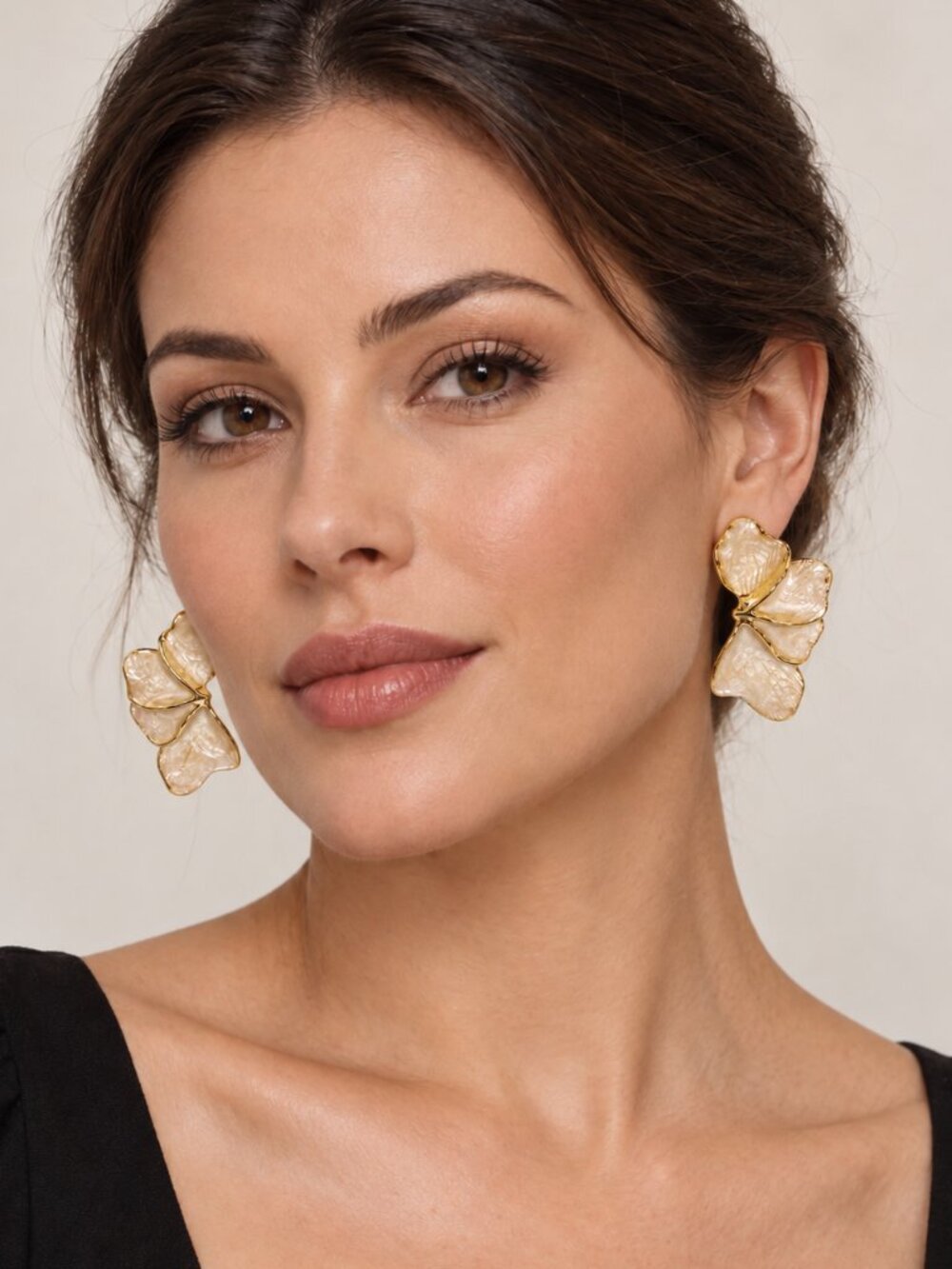 Ivory Pearlescent Petal Statement Earrings Gold Tone